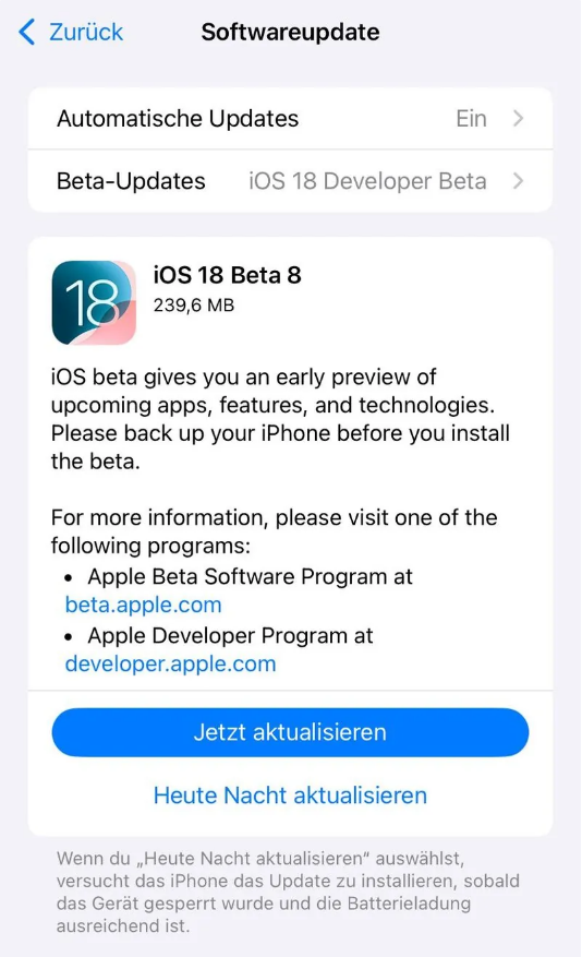 黎城苹果手机维修分享苹果 iOS / iPadOS 18 开发者预览版 Beta 8 发布 